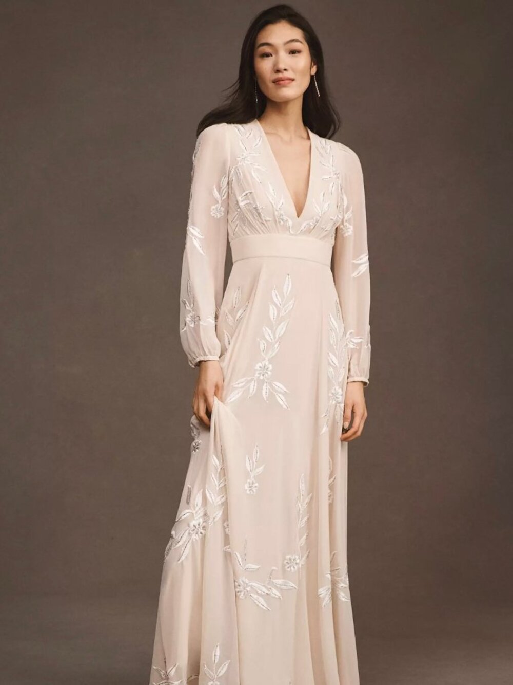 BHLDN Belize Embroidered A-Line Long-Sleeve V-Neck Gown